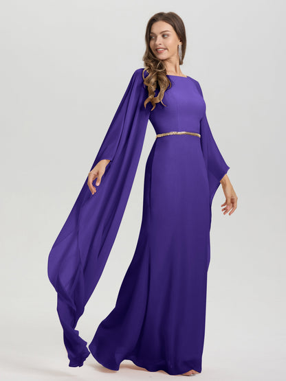 Sheath Flowy Long Sleeves Waisted Zip Back Chiffon Bridesmaid Dress
