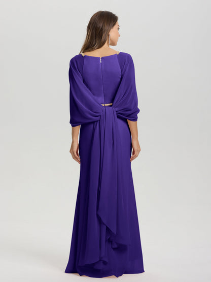 Sheath Flowy Long Sleeves Waisted Zip Back Chiffon Bridesmaid Dress