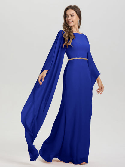 Sheath Flowy Long Sleeves Waisted Zip Back Chiffon Bridesmaid Dress