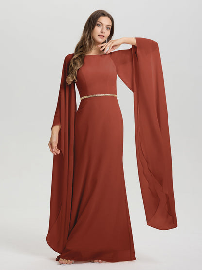 Sheath Flowy Long Sleeves Waisted Zip Back Chiffon Bridesmaid Dress