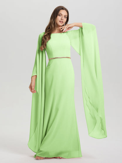 Sheath Flowy Long Sleeves Waisted Zip Back Chiffon Bridesmaid Dress
