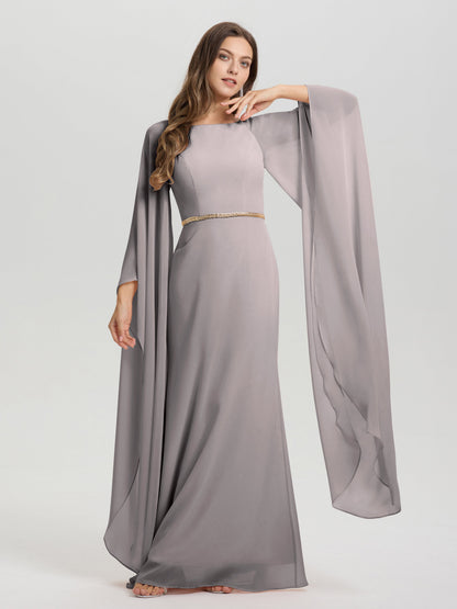 Sheath Flowy Long Sleeves Waisted Zip Back Chiffon Bridesmaid Dress