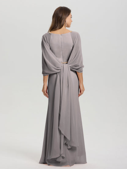 Sheath Flowy Long Sleeves Waisted Zip Back Chiffon Bridesmaid Dress