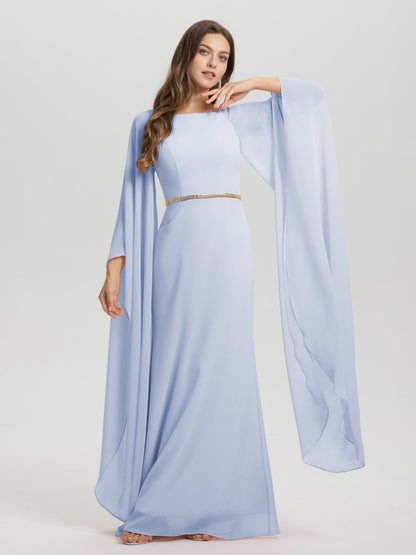 Sheath Flowy Long Sleeves Waisted Zip Back Chiffon Bridesmaid Dress