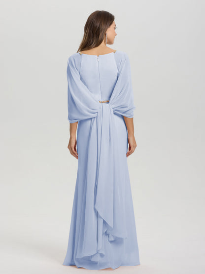Sheath Flowy Long Sleeves Waisted Zip Back Chiffon Bridesmaid Dress