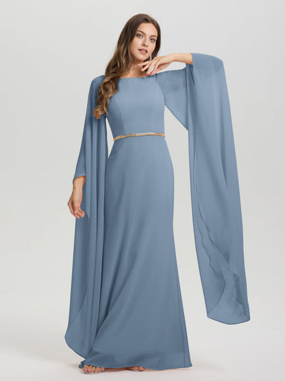 Sheath Flowy Long Sleeves Waisted Zip Back Chiffon Bridesmaid Dress