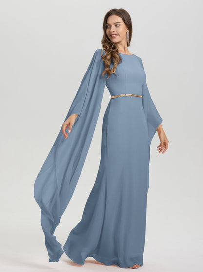 Sheath Flowy Long Sleeves Waisted Zip Back Chiffon Bridesmaid Dress