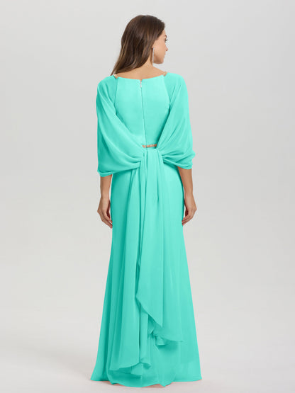 Sheath Flowy Long Sleeves Waisted Zip Back Chiffon Bridesmaid Dress