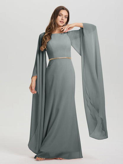 Sheath Flowy Long Sleeves Waisted Zip Back Chiffon Bridesmaid Dress
