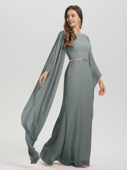 Sheath Flowy Long Sleeves Waisted Zip Back Chiffon Bridesmaid Dress
