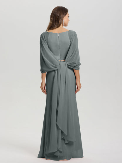 Sheath Flowy Long Sleeves Waisted Zip Back Chiffon Bridesmaid Dress