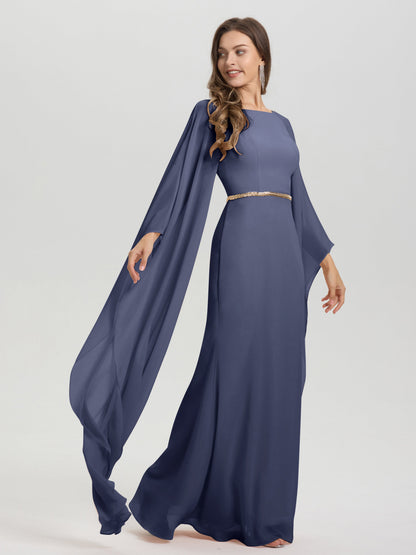 Sheath Flowy Long Sleeves Waisted Zip Back Chiffon Bridesmaid Dress