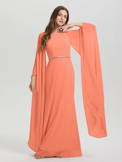 Sheath Flowy Long Sleeves Waisted Zip Back Chiffon Bridesmaid Dress