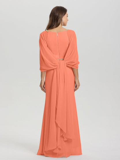 Sheath Flowy Long Sleeves Waisted Zip Back Chiffon Bridesmaid Dress