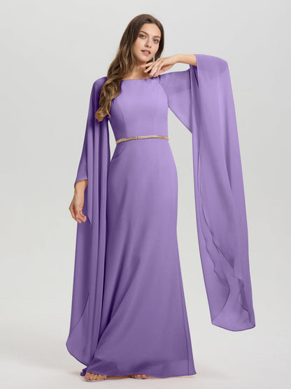 Sheath Flowy Long Sleeves Waisted Zip Back Chiffon Bridesmaid Dress