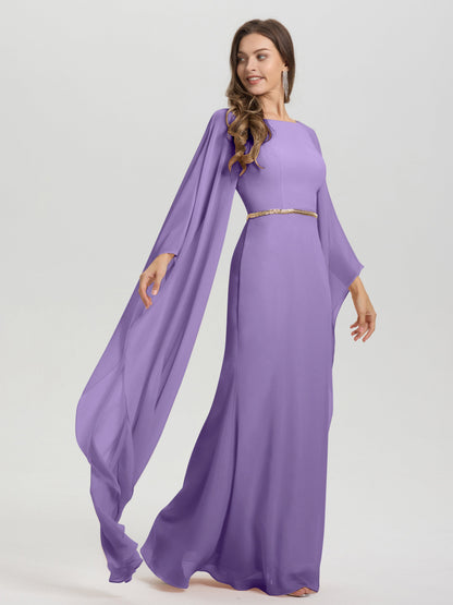 Sheath Flowy Long Sleeves Waisted Zip Back Chiffon Bridesmaid Dress