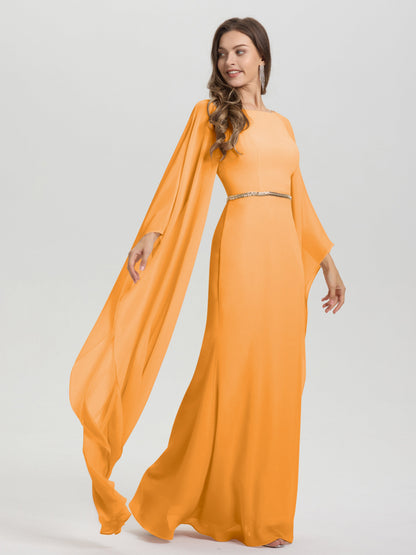 Sheath Flowy Long Sleeves Waisted Zip Back Chiffon Bridesmaid Dress