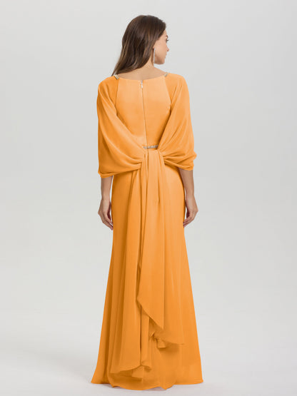 Sheath Flowy Long Sleeves Waisted Zip Back Chiffon Bridesmaid Dress