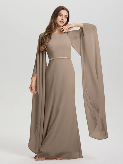 Sheath Flowy Long Sleeves Waisted Zip Back Chiffon Bridesmaid Dress