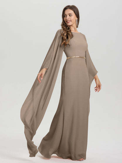Sheath Flowy Long Sleeves Waisted Zip Back Chiffon Bridesmaid Dress
