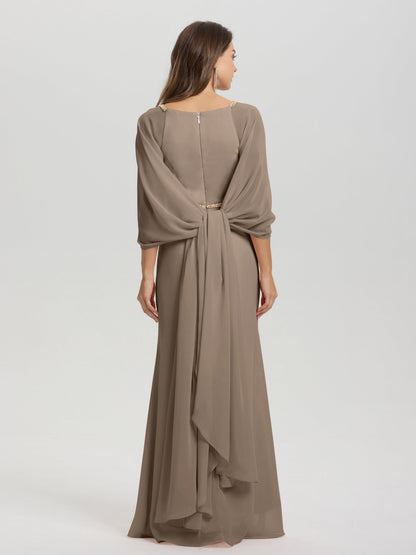 Sheath Flowy Long Sleeves Waisted Zip Back Chiffon Bridesmaid Dress
