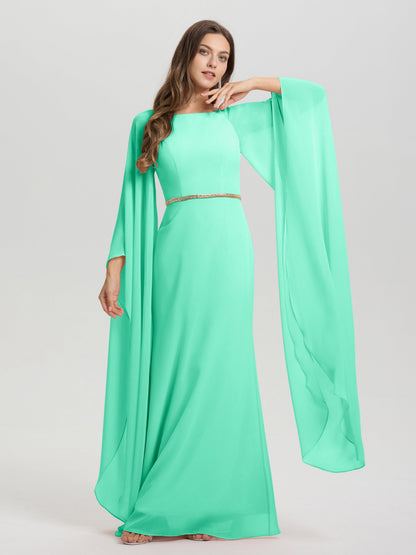 Sheath Flowy Long Sleeves Waisted Zip Back Chiffon Bridesmaid Dress