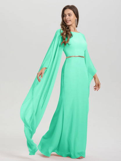 Sheath Flowy Long Sleeves Waisted Zip Back Chiffon Bridesmaid Dress
