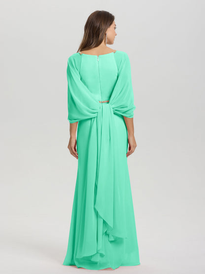 Sheath Flowy Long Sleeves Waisted Zip Back Chiffon Bridesmaid Dress