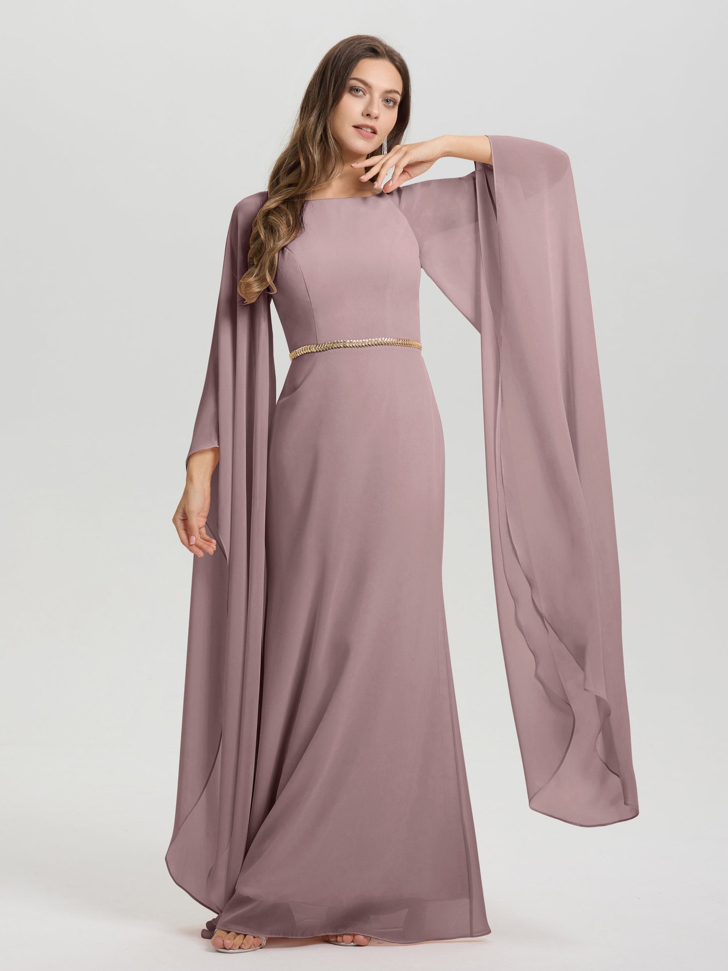 Sheath Flowy Long Sleeves Waisted Zip Back Chiffon Bridesmaid Dress