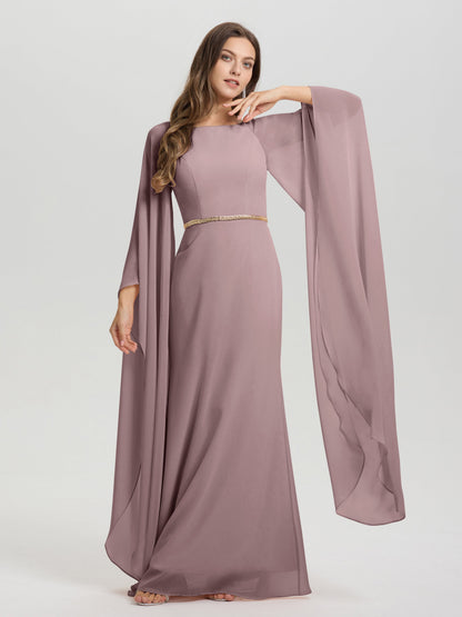 Sheath Flowy Long Sleeves Waisted Zip Back Chiffon Bridesmaid Dress
