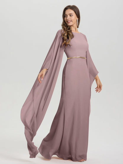 Sheath Flowy Long Sleeves Waisted Zip Back Chiffon Bridesmaid Dress