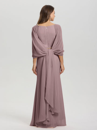 Sheath Flowy Long Sleeves Waisted Zip Back Chiffon Bridesmaid Dress