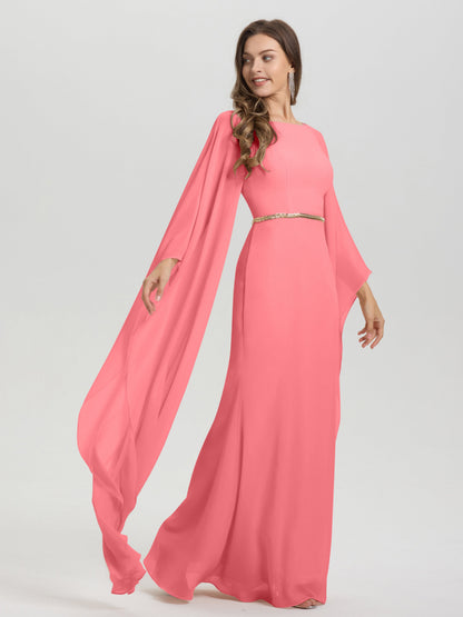 Sheath Flowy Long Sleeves Waisted Zip Back Chiffon Bridesmaid Dress