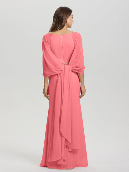 Sheath Flowy Long Sleeves Waisted Zip Back Chiffon Bridesmaid Dress