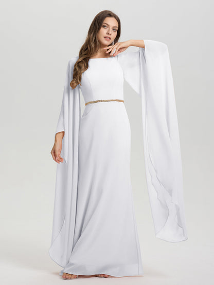 Sheath Flowy Long Sleeves Waisted Zip Back Chiffon Bridesmaid Dress