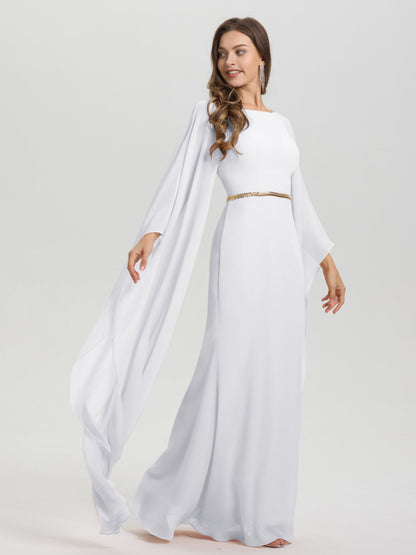 Sheath Flowy Long Sleeves Waisted Zip Back Chiffon Bridesmaid Dress