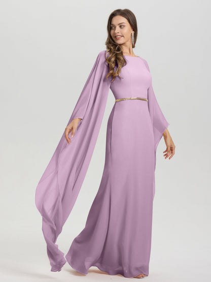 Sheath Flowy Long Sleeves Waisted Zip Back Chiffon Bridesmaid Dress