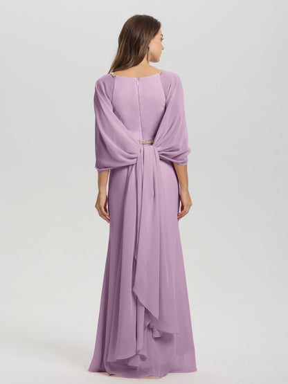 Sheath Flowy Long Sleeves Waisted Zip Back Chiffon Bridesmaid Dress