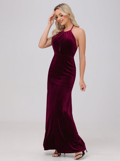 Sheath Halter Floor Length Open Back Velvet Bridesmaid Dresses