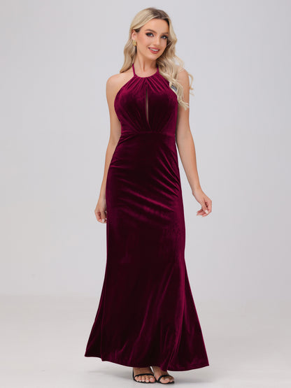 Sheath Halter Floor Length Open Back Velvet Bridesmaid Dresses