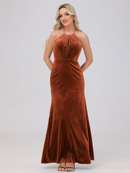 Sheath Halter Floor Length Open Back Velvet Bridesmaid Dresses