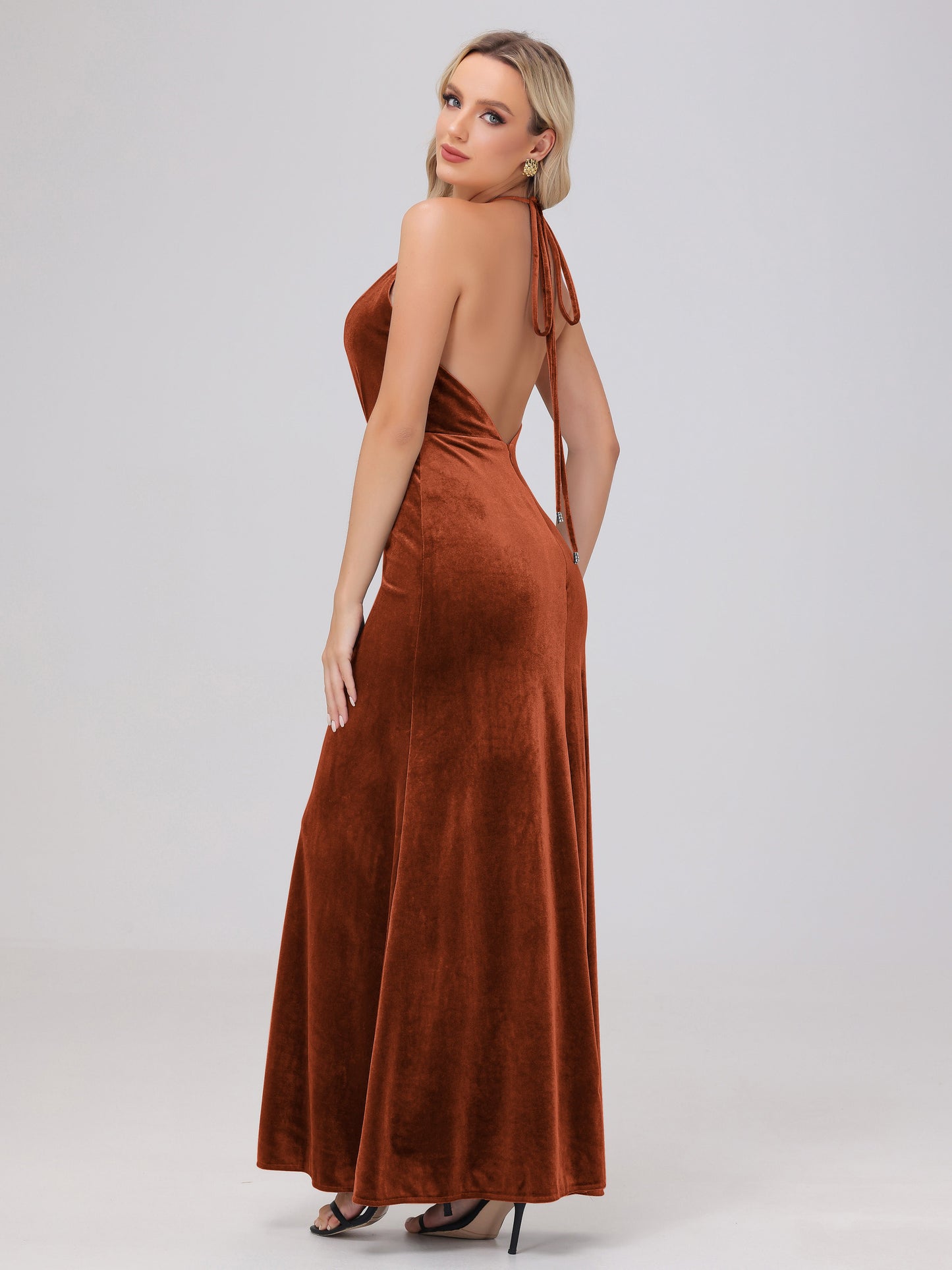 Sheath Halter Floor Length Open Back Velvet Bridesmaid Dresses