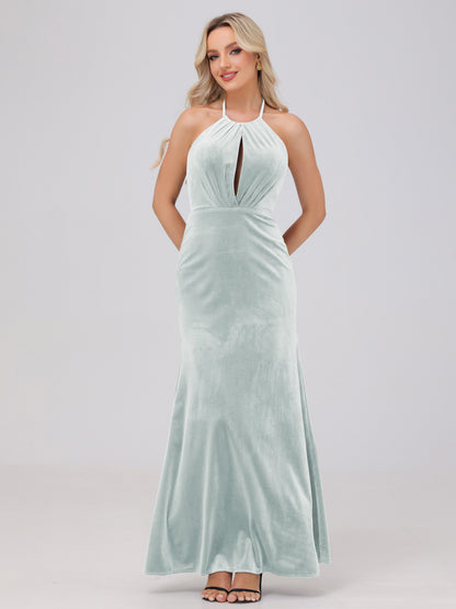 Sheath Halter Floor Length Open Back Velvet Bridesmaid Dresses