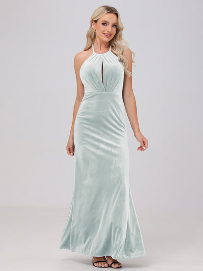 Sheath Halter Floor Length Open Back Velvet Bridesmaid Dresses