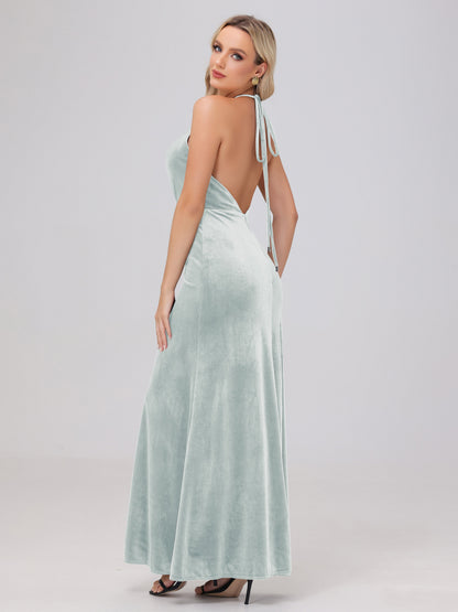 Sheath Halter Floor Length Open Back Velvet Bridesmaid Dresses