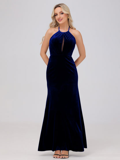 Sheath Halter Floor Length Open Back Velvet Bridesmaid Dresses