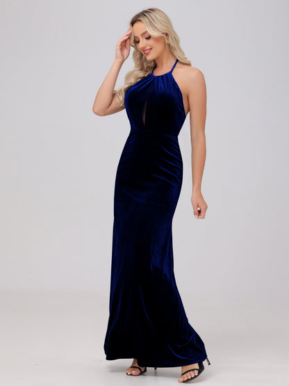 Sheath Halter Floor Length Open Back Velvet Bridesmaid Dresses