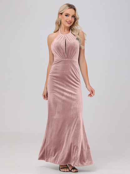 Sheath Halter Floor Length Open Back Velvet Bridesmaid Dresses
