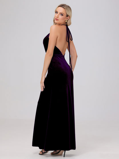 Sheath Halter Floor Length Open Back Velvet Bridesmaid Dresses