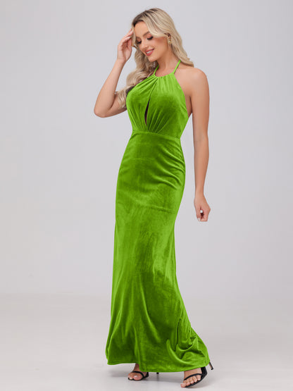 Sheath Halter Floor Length Open Back Velvet Bridesmaid Dresses